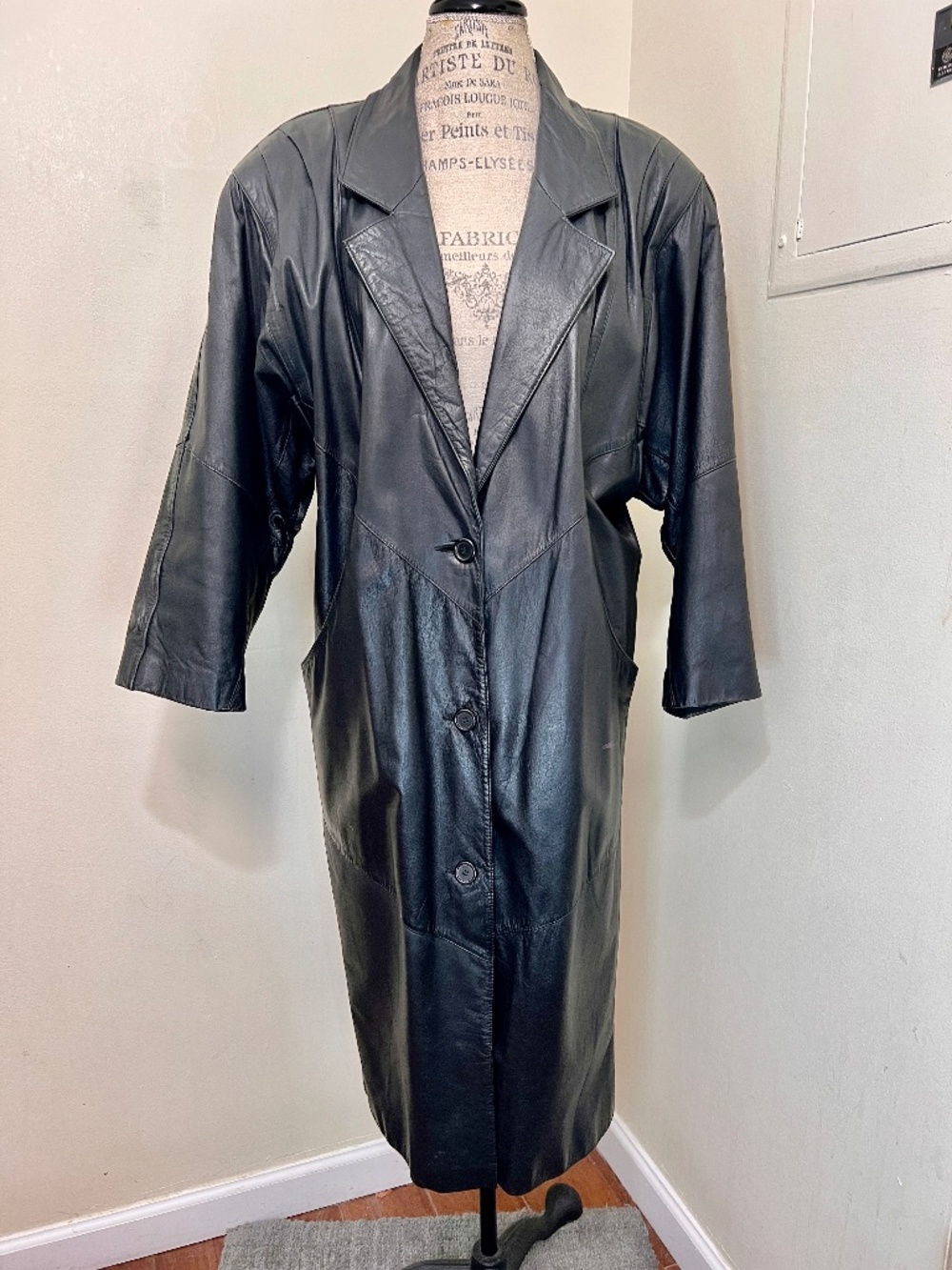 VINTAGE 80s LEATHER PELLE BLACK TRENCH COAT Size M